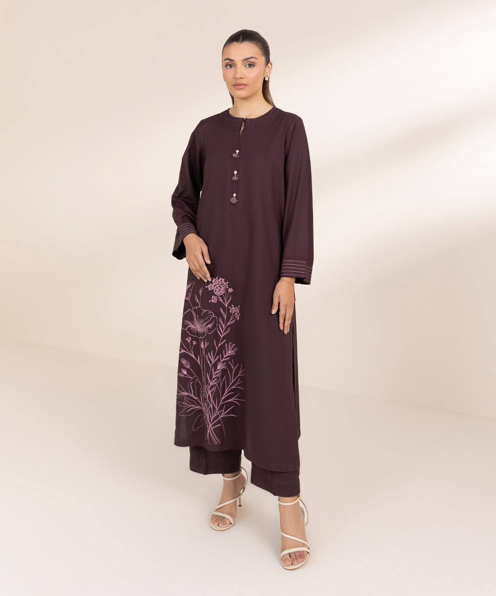 Women's Pret Raw Silk Embroidered Purple A-Line Shirt