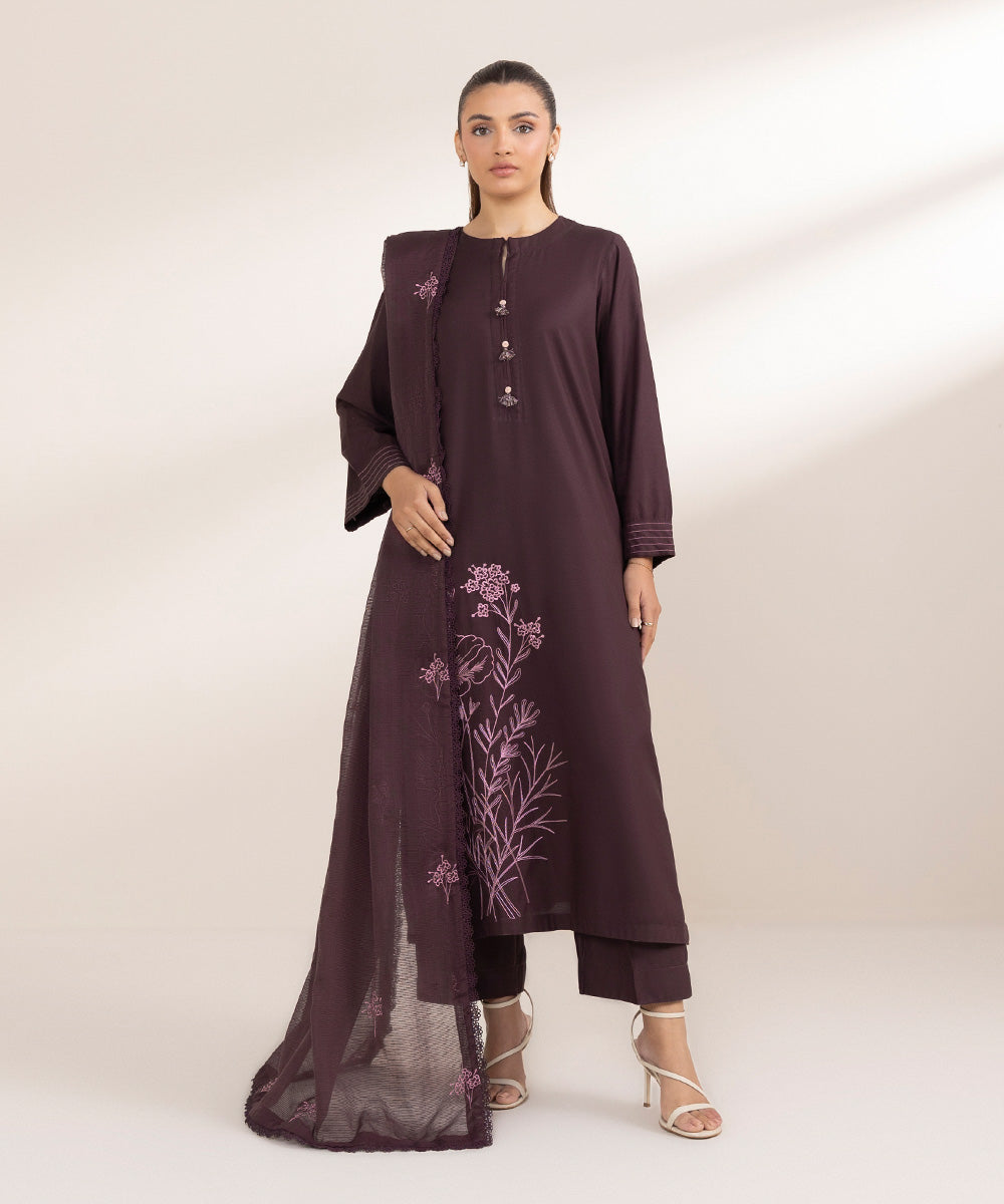 Women's Pret Raw Silk Embroidered Purple A-Line Shirt