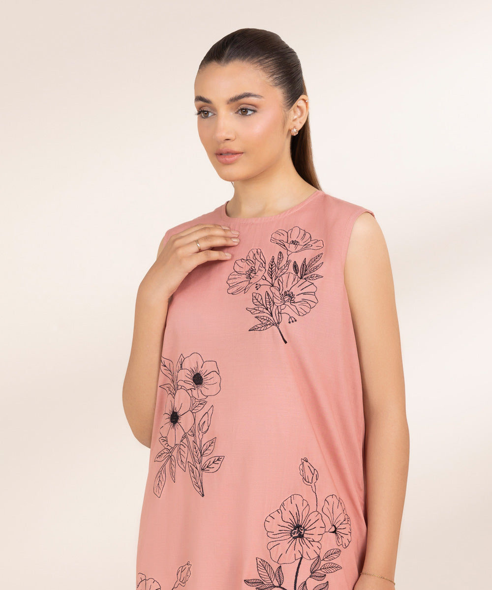 Women's Pret Raw Silk Embroidered Pink A-Line Shirt