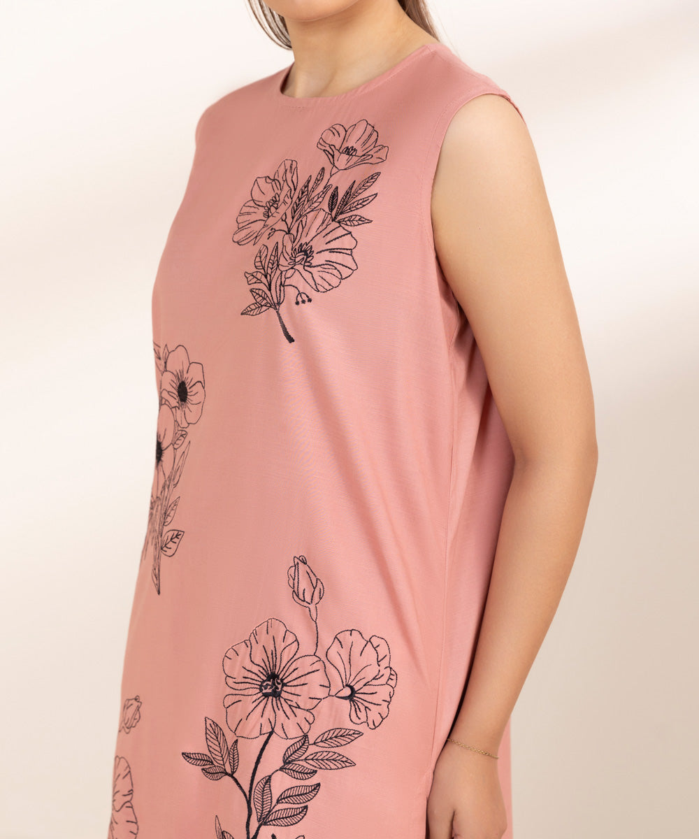 Women's Pret Raw Silk Embroidered Pink A-Line Shirt