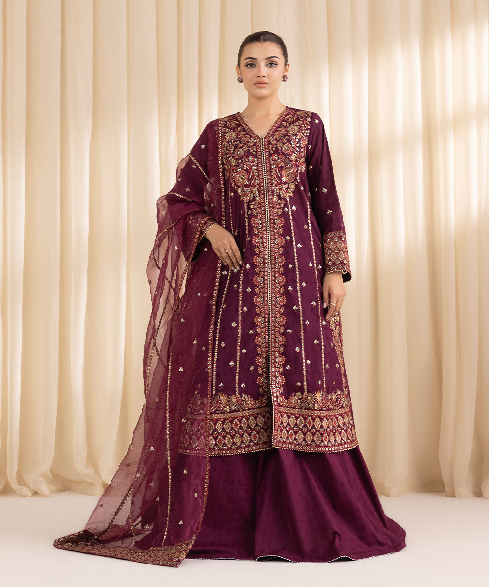 Women's RTW Cotton Jacquard Purple Embroidered Three Piece Suit