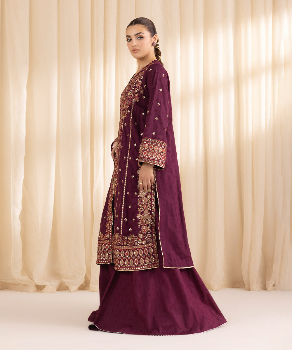 Women's RTW Cotton Jacquard Purple Embroidered Three Piece Suit