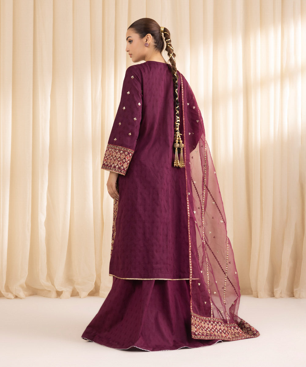 Women's RTW Cotton Jacquard Purple Embroidered Three Piece Suit