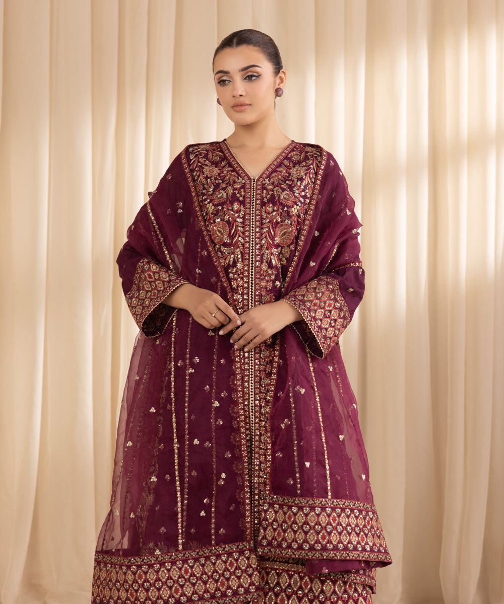 Women's RTW Cotton Jacquard Purple Embroidered Three Piece Suit