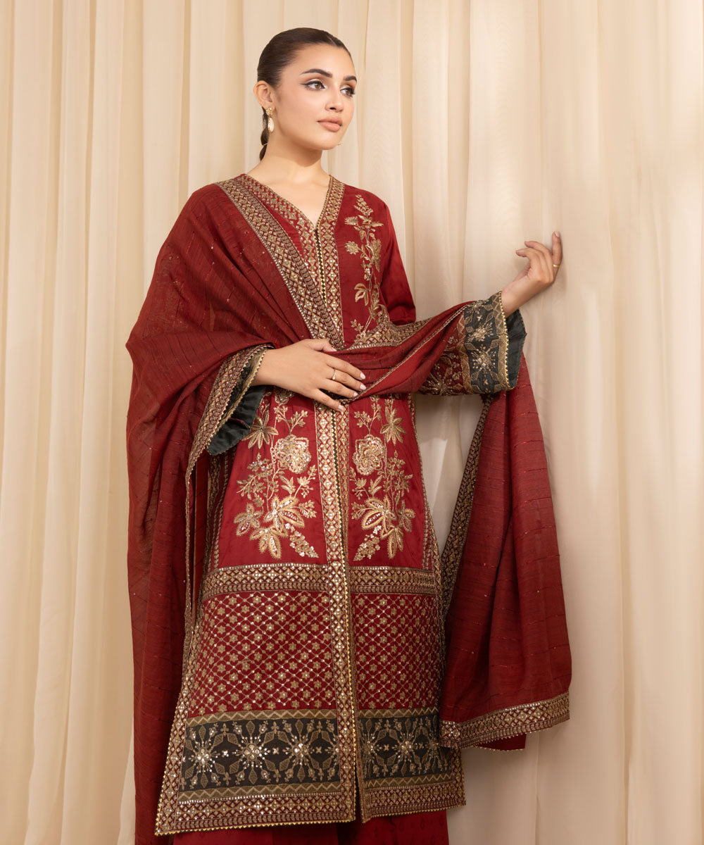 Women's RTW Cotton Jacquard Red Embroidered Three Piece Suit