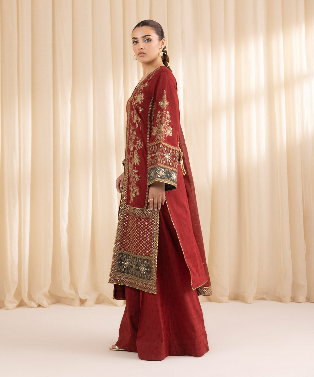 Women's RTW Cotton Jacquard Red Embroidered Three Piece Suit