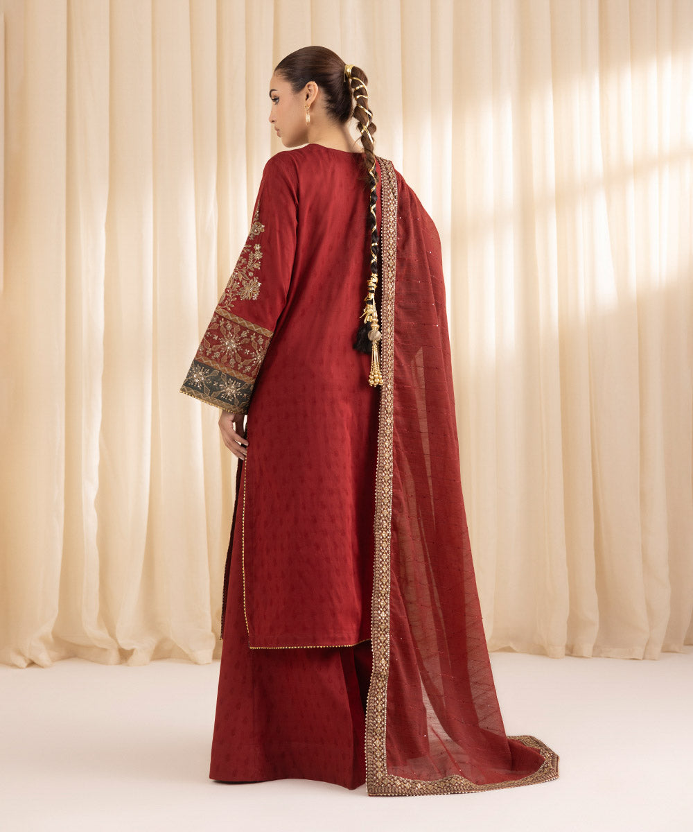 Women's RTW Cotton Jacquard Red Embroidered Three Piece Suit