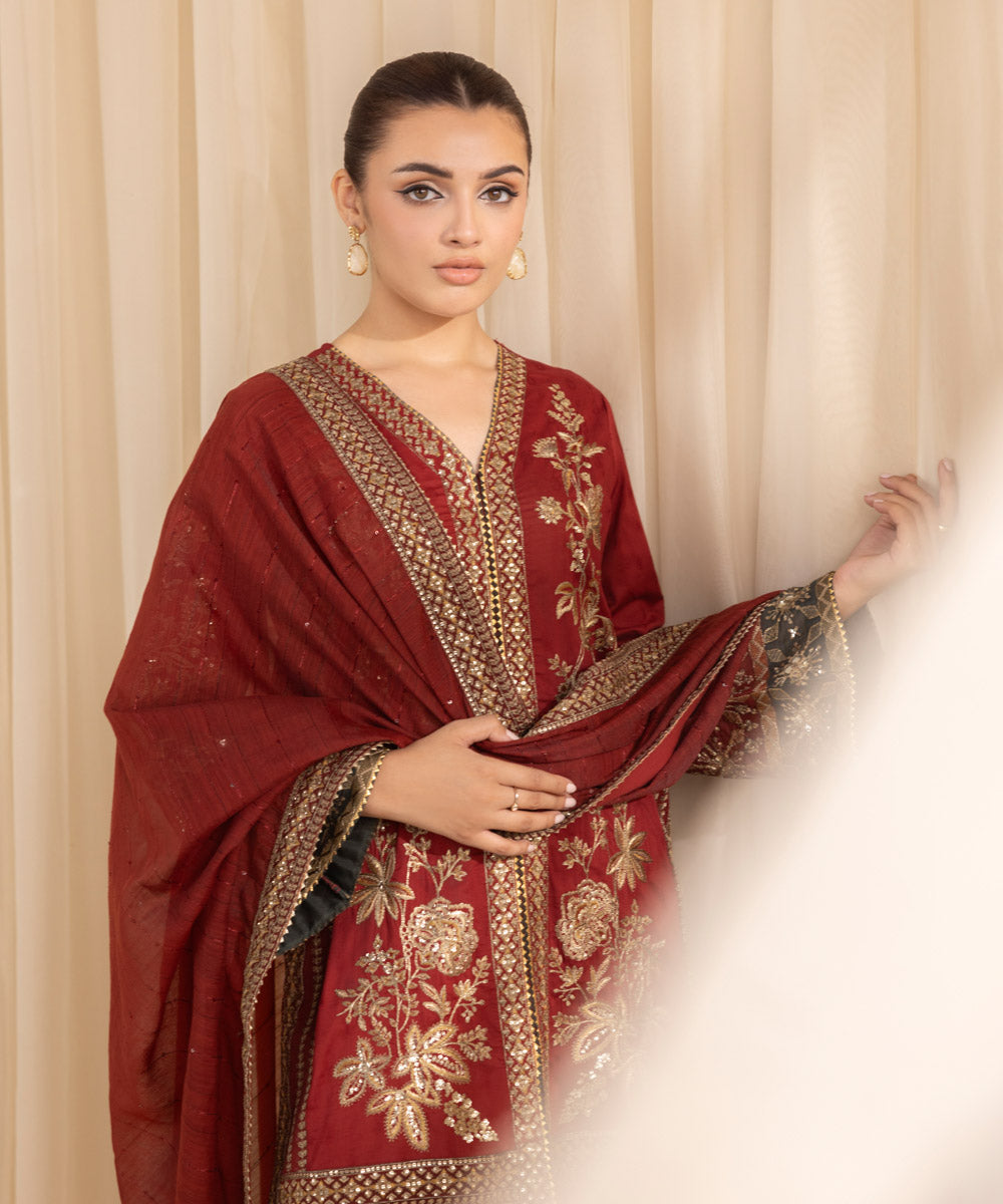 Women's RTW Cotton Jacquard Red Embroidered Three Piece Suit