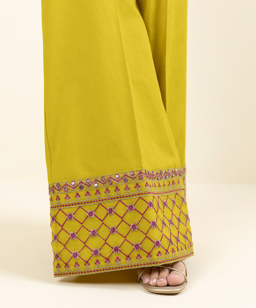 Women's Pret Cotton Jacquard Embroidered Yellow Culottes