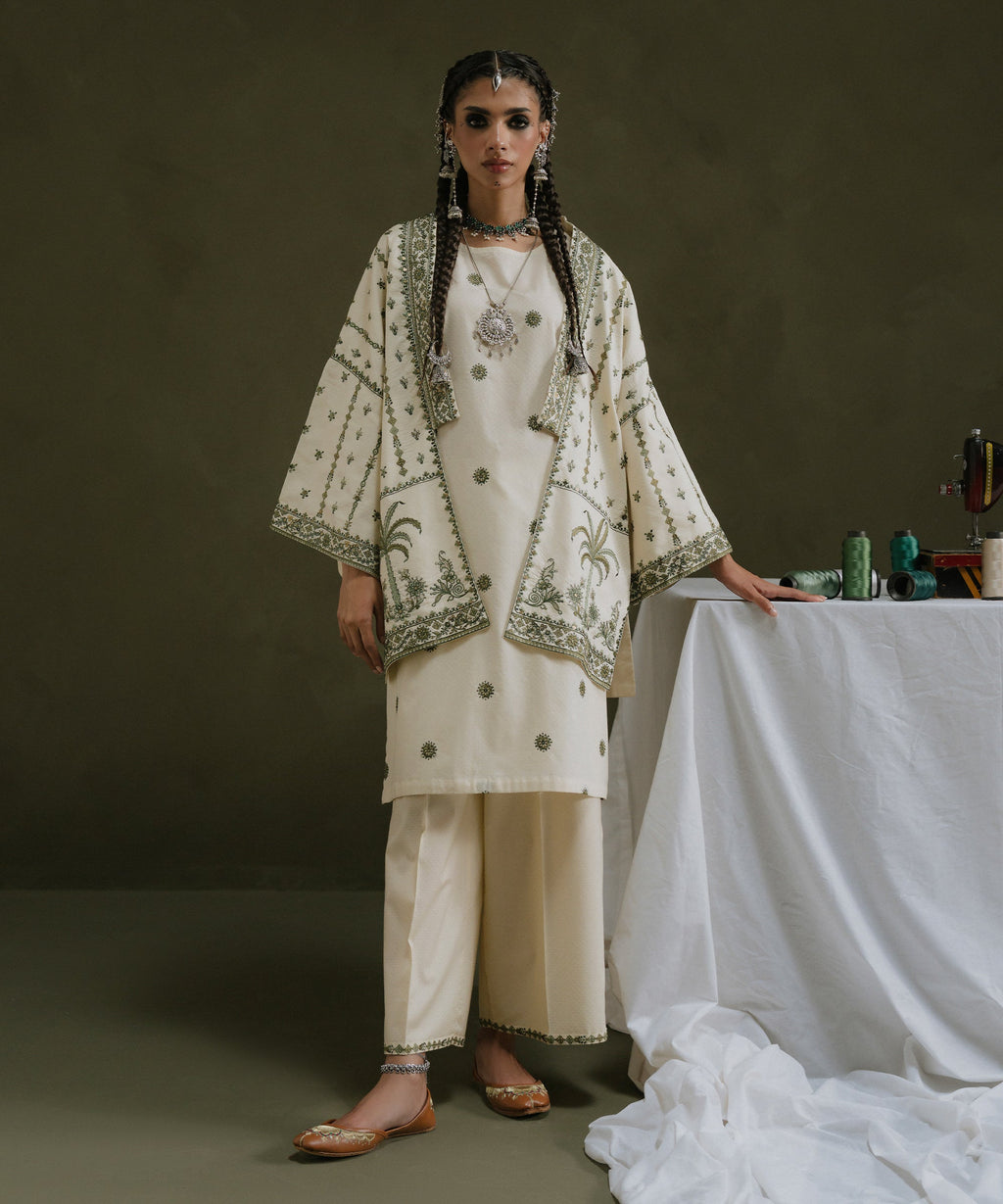 Women's RTW Textured Cotton White Embroidered Front Open Waistcoat