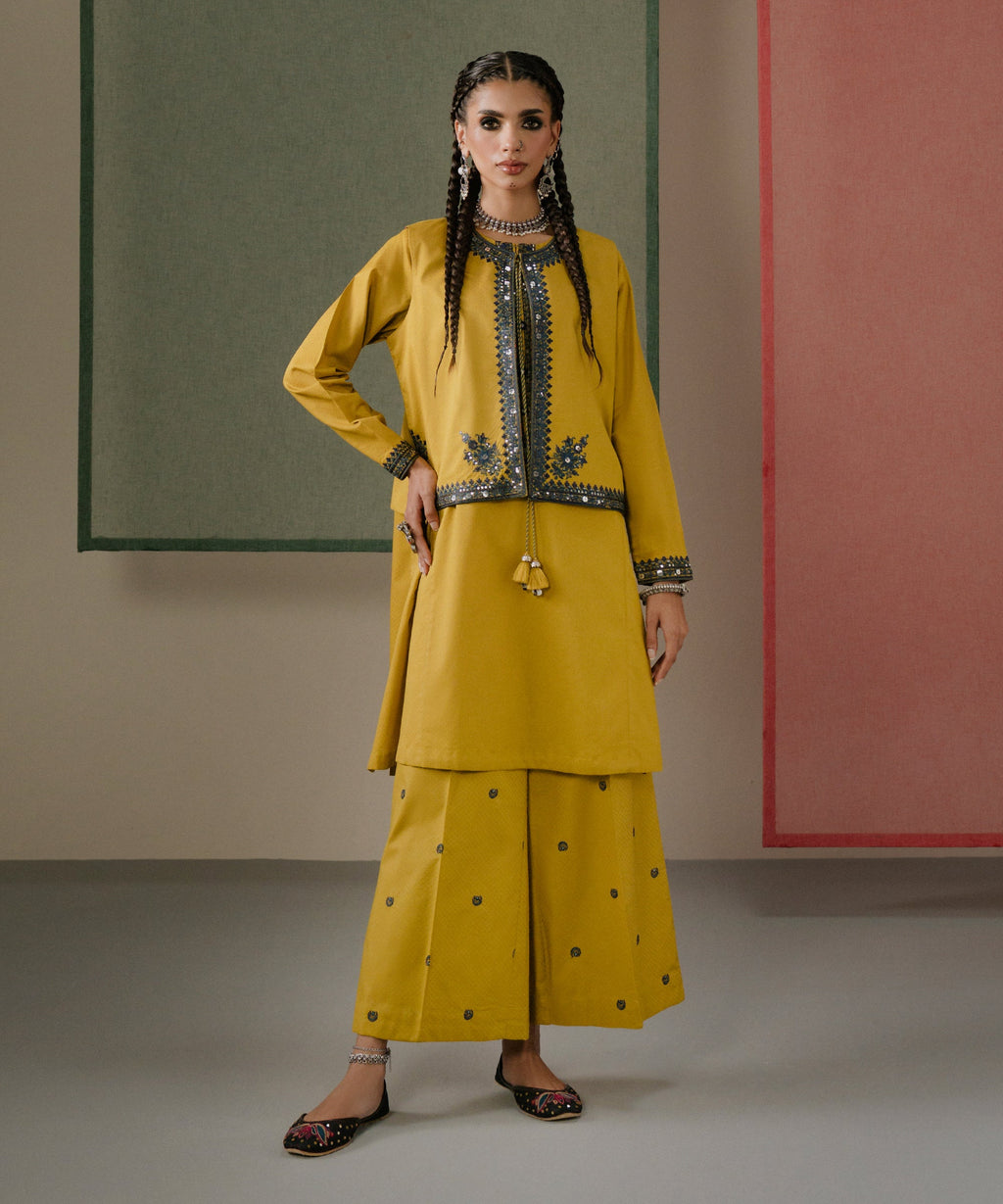 Women's RTW Textured Cotton Yellow Embroidered Front Open Waistcoat