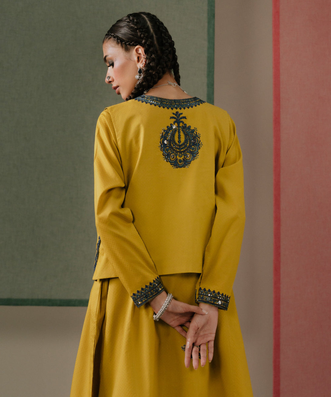 Women's RTW Textured Cotton Yellow Embroidered Front Open Waistcoat