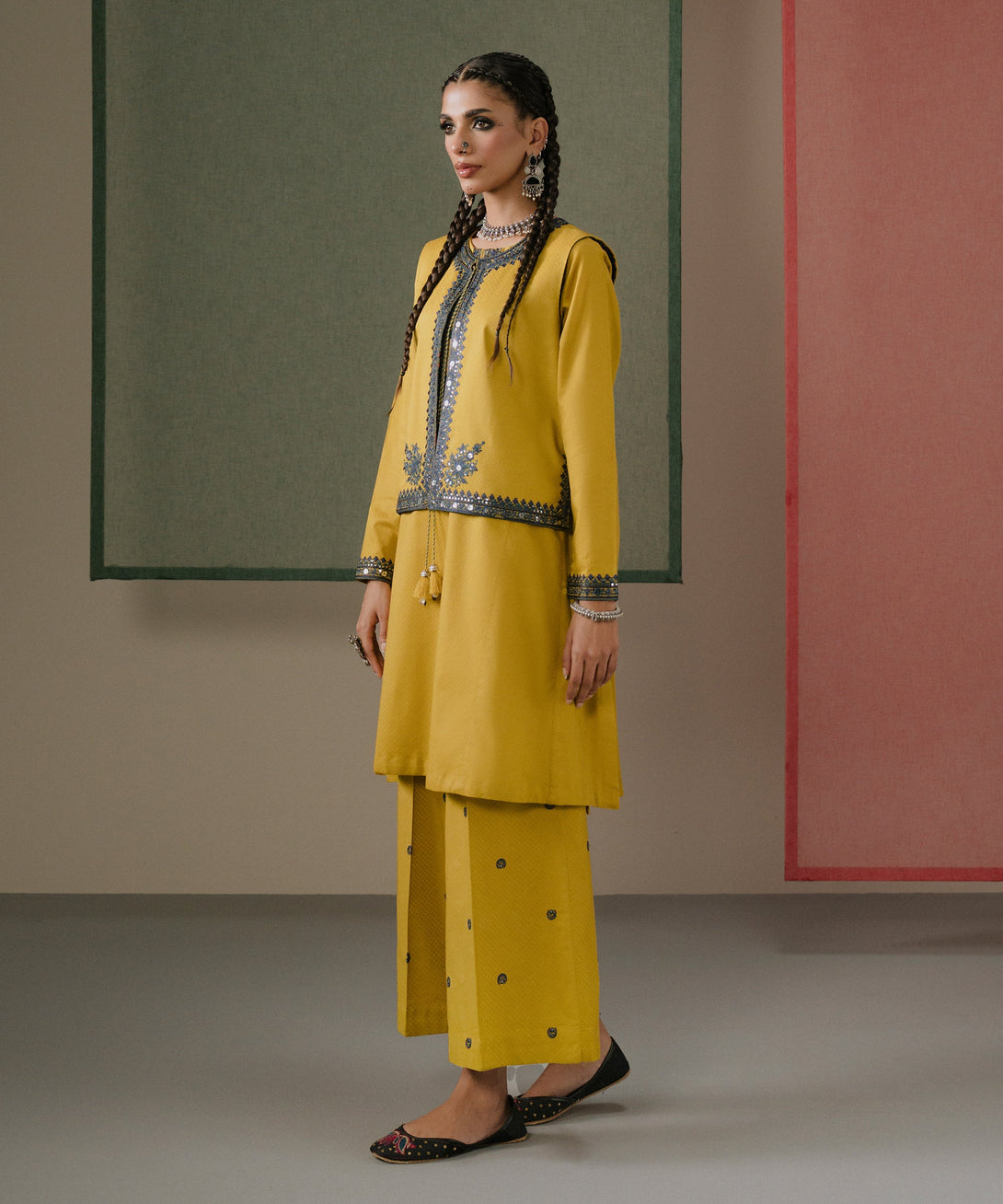 Women's RTW Textured Cotton Yellow Embroidered Front Open Waistcoat
