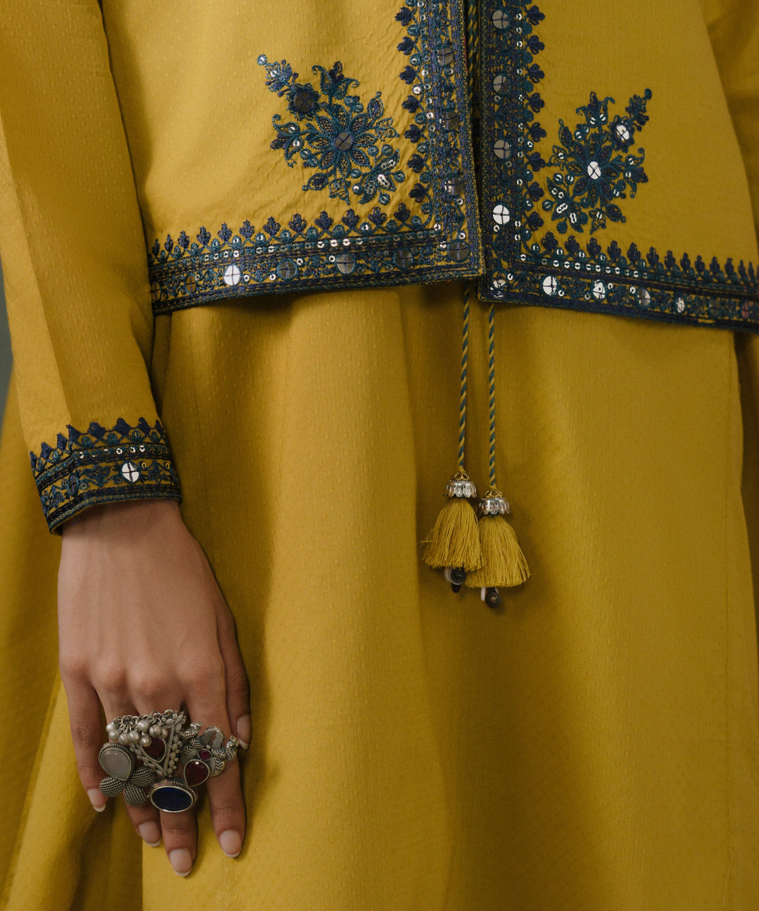 Women's RTW Textured Cotton Yellow Embroidered Front Open Waistcoat