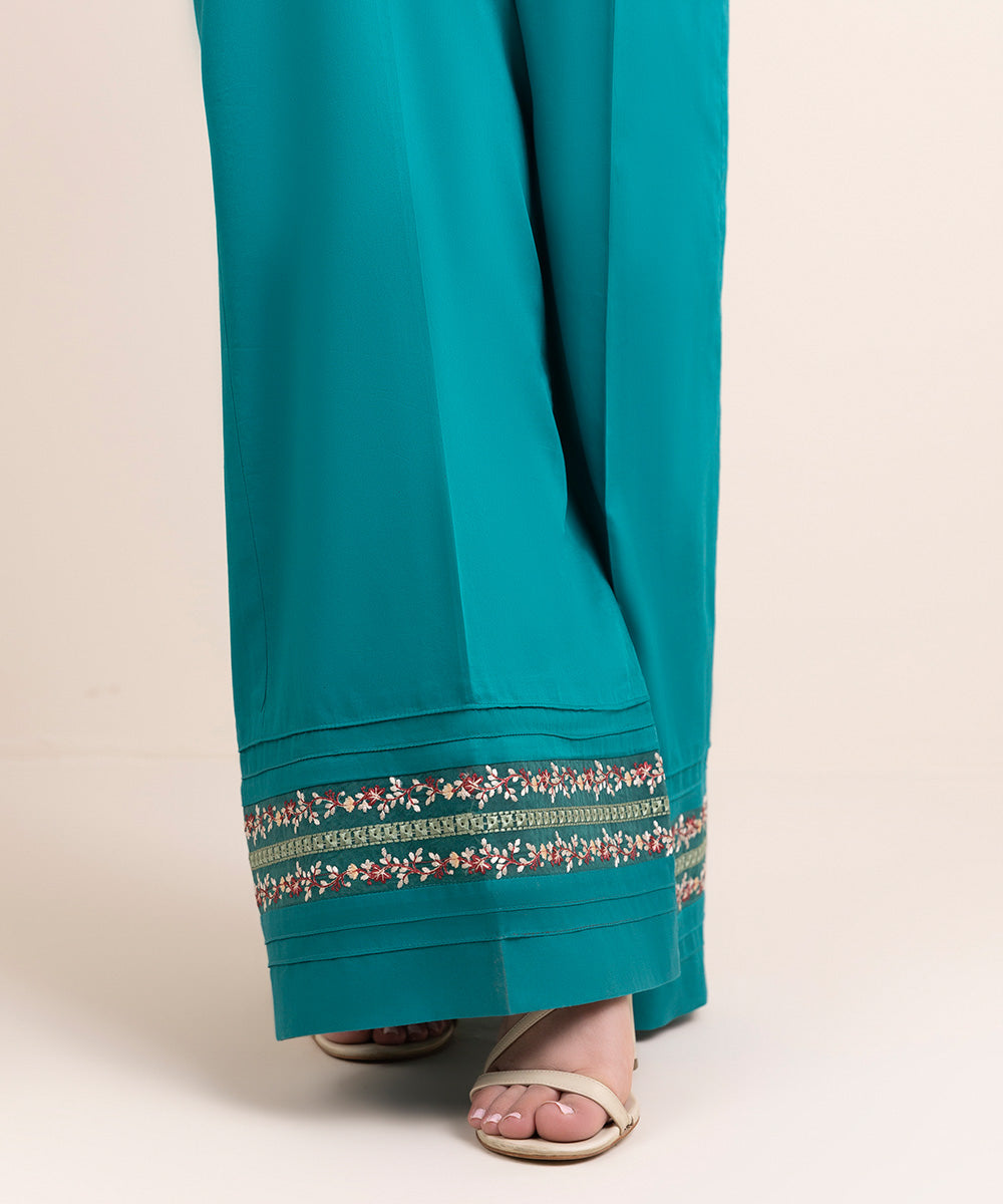 Women's Pret Blended Satin Blue Embroidered Culottes