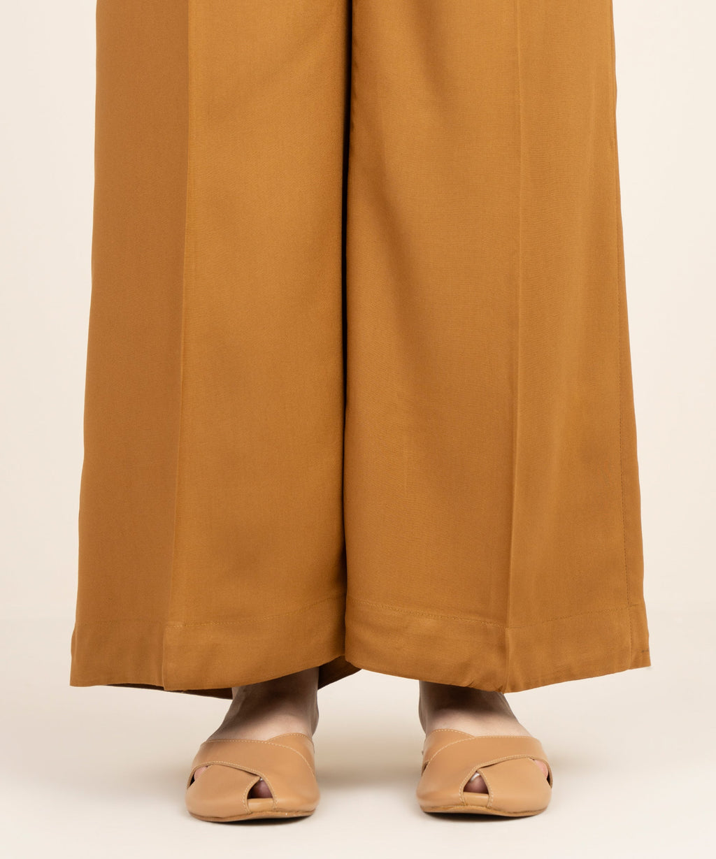 Women's RTW Viscose Linen Solid Brown Flared Pants