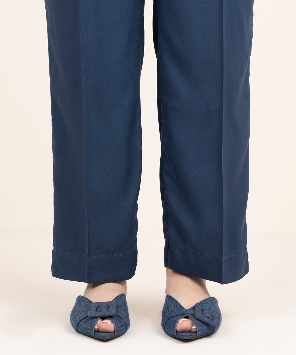 Women's RTW Viscose Linen Solid Blue Straight Pants