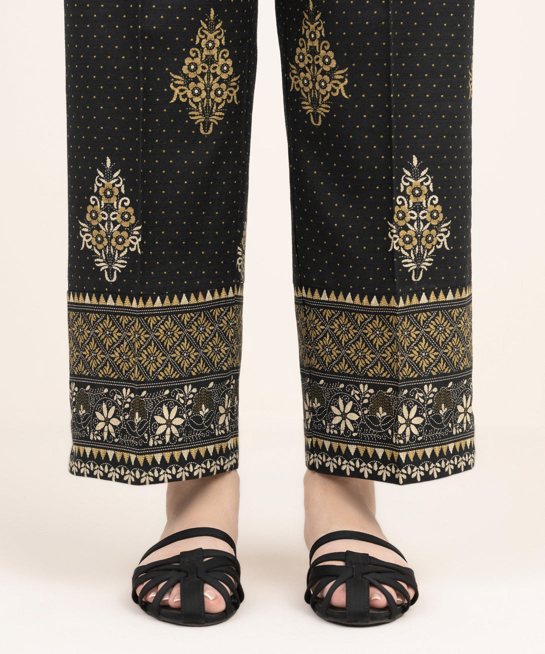 Women's RTW Khaddar Printed Black Straight Pants