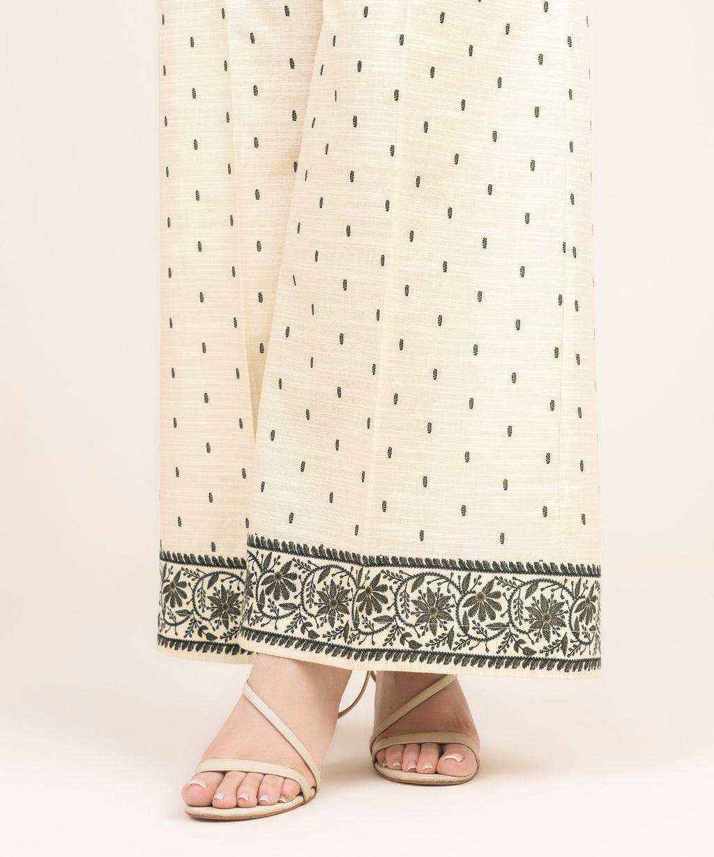 Women's RTW Khaddar Printed Off White Flared Pants
