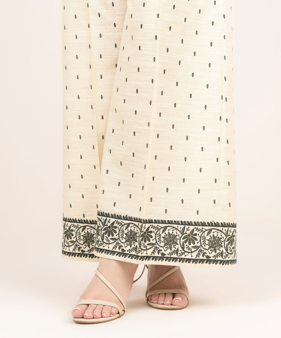 Women's RTW Khaddar Printed Off White Flared Pants