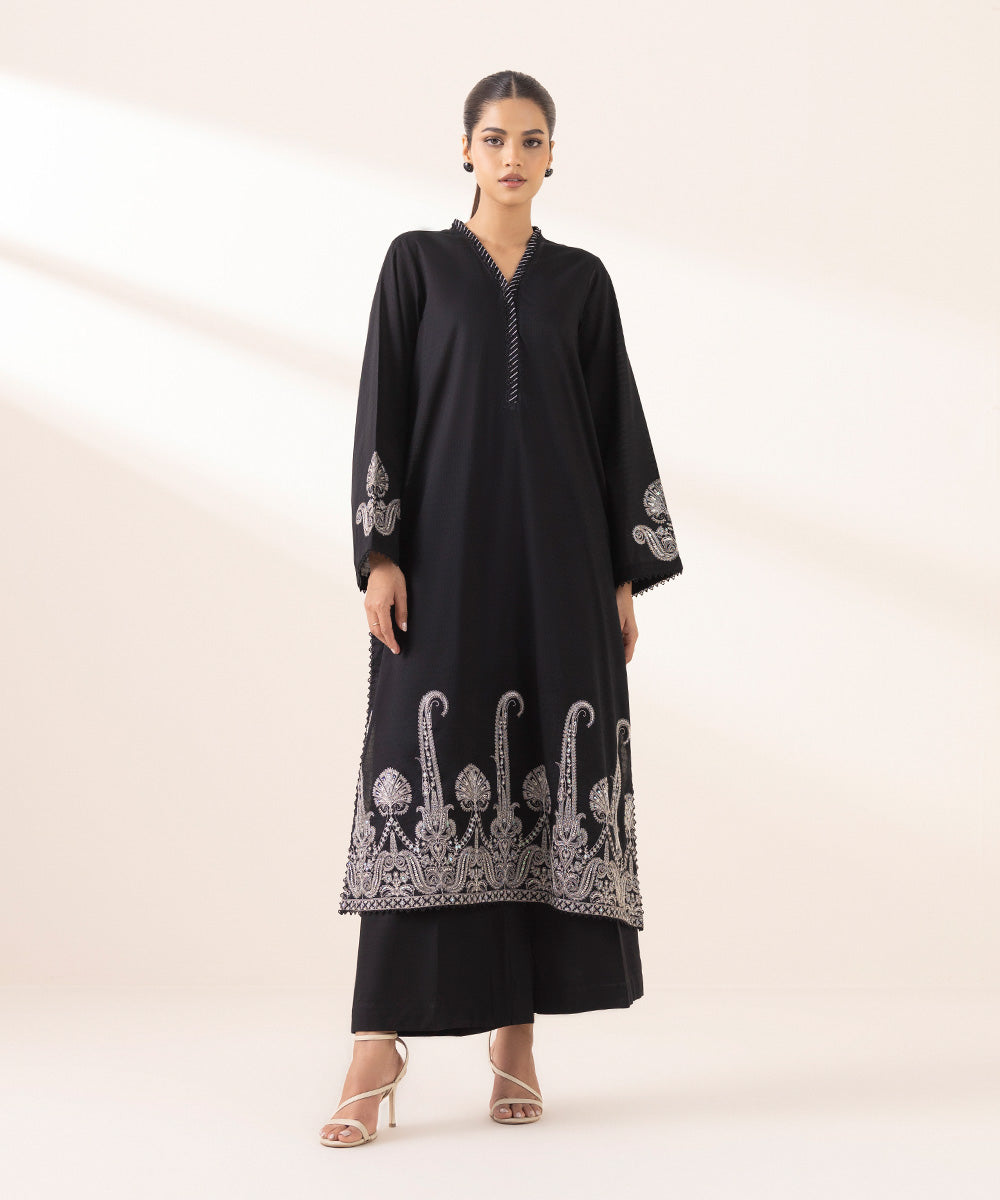 Women's RTW Dobby Black Embroidered A-Line Shirt