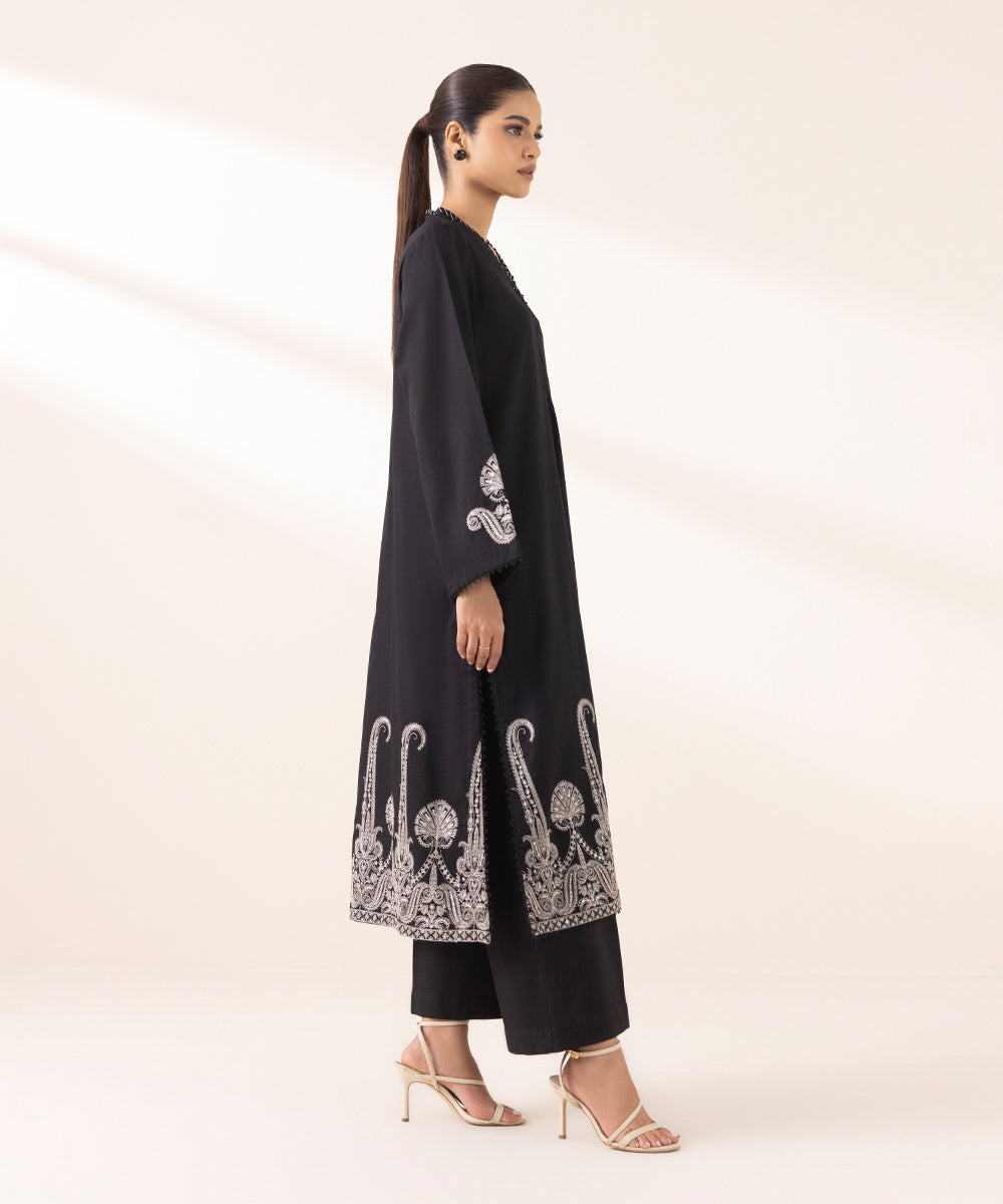Women's RTW Dobby Black Embroidered A-Line Shirt