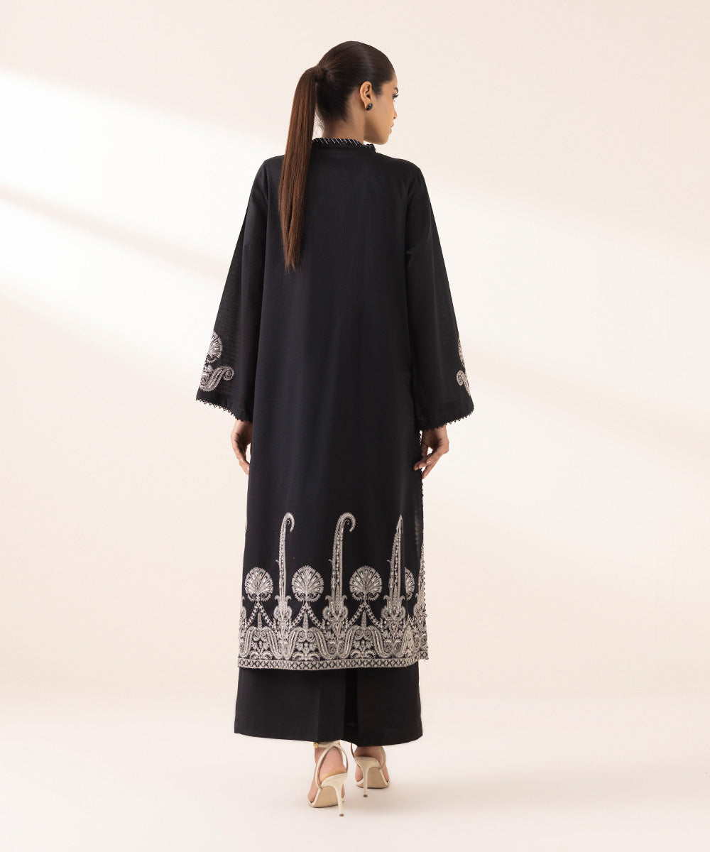 Women's RTW Dobby Black Embroidered A-Line Shirt