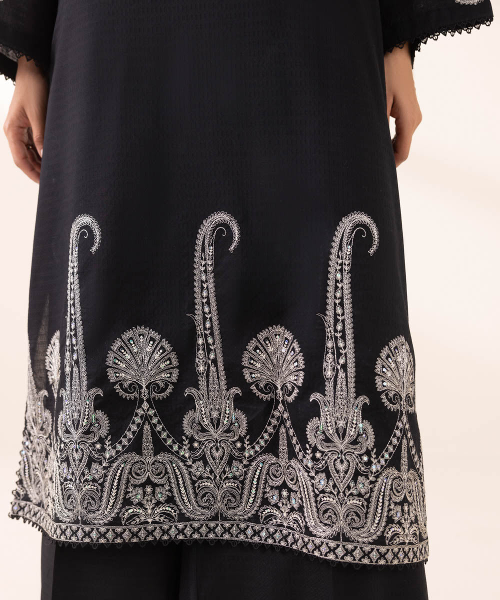 Women's RTW Dobby Black Embroidered A-Line Shirt