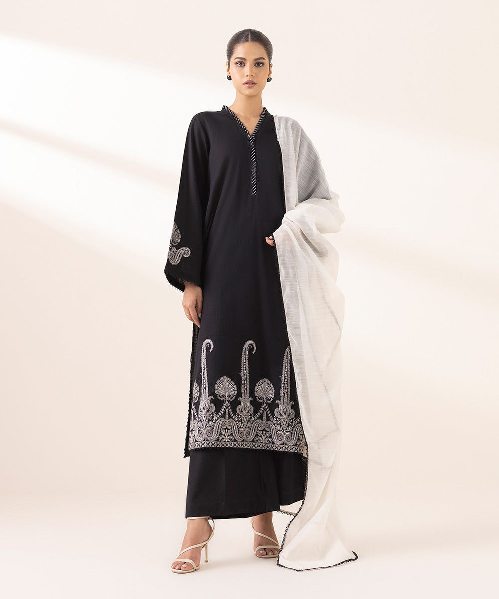 Women's RTW Dobby Black Embroidered A-Line Shirt