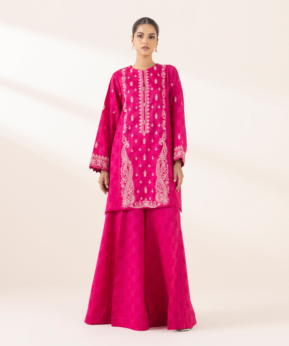 Women's RTW Cotton Jacquard Pink Embroidered A-Line Shirt