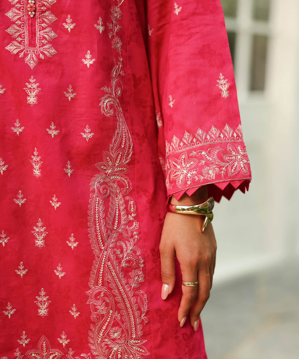 Women's RTW Cotton Jacquard Pink Embroidered A-Line Shirt
