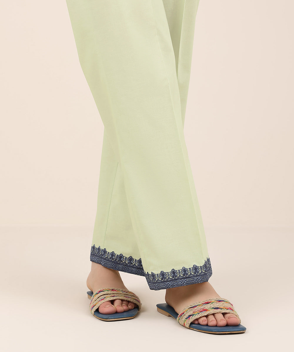 Women's RTW Cambric Green Embroidered Straight Pants