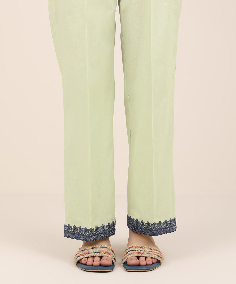 Women's RTW Cambric Green Embroidered Straight Pants