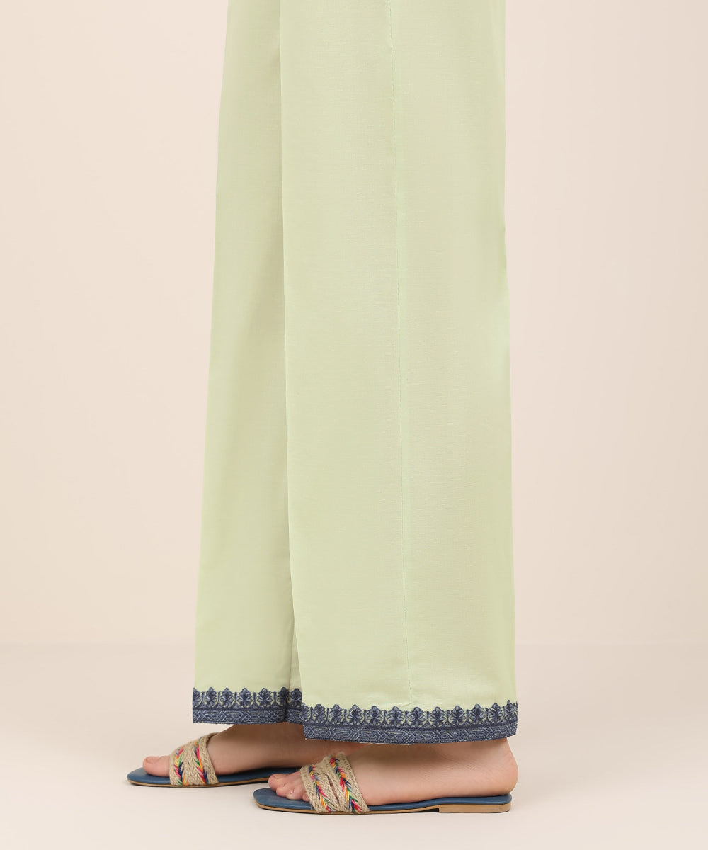 Women's RTW Cambric Green Embroidered Straight Pants