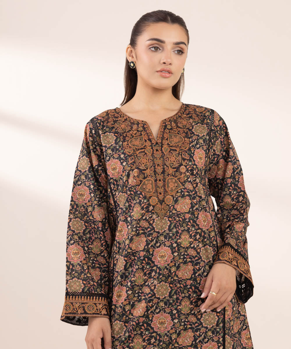 Women's RTW Textured Lawn Black Embroidered Boxy Shirt