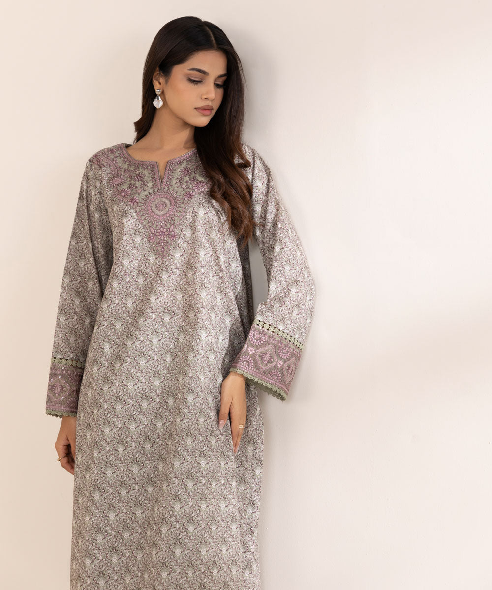 Women's RTW Textured Lawn Purple Embroidered A-Line Shirt