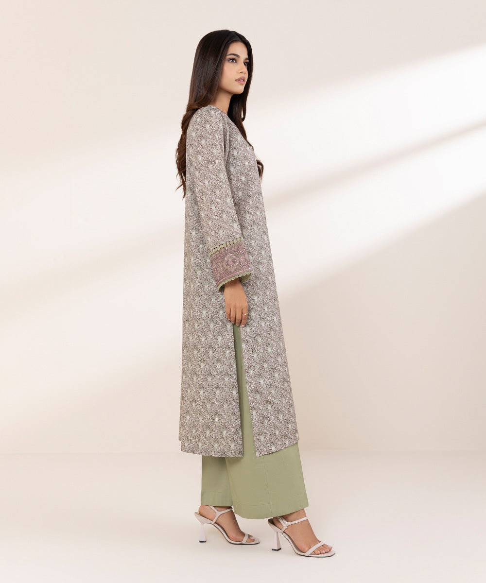Women's RTW Textured Lawn Purple Embroidered A-Line Shirt