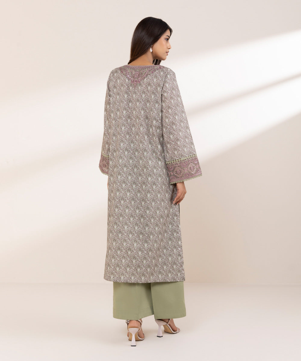 Women's RTW Textured Lawn Purple Embroidered A-Line Shirt
