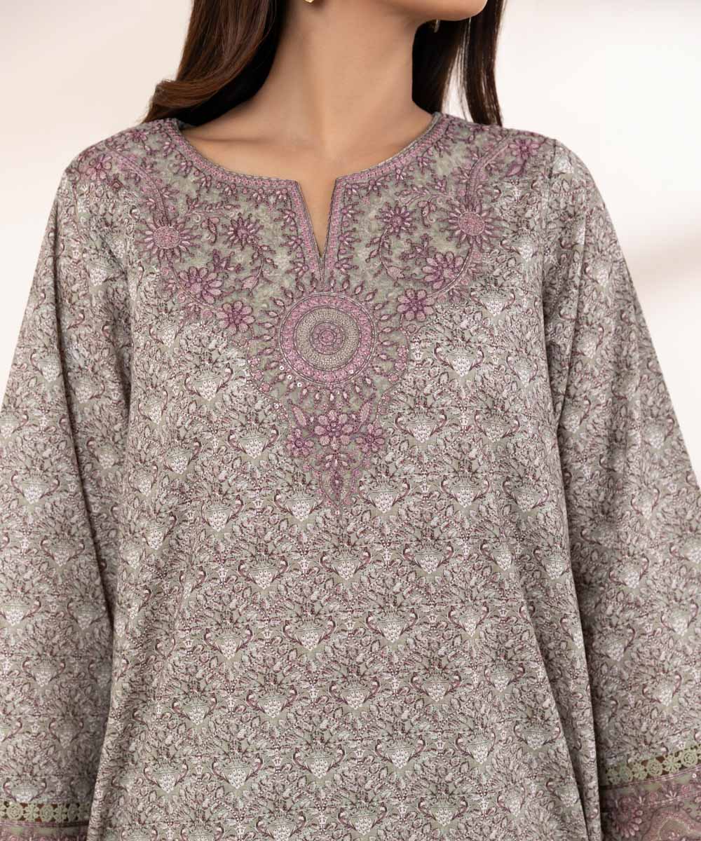 Women's RTW Textured Lawn Purple Embroidered A-Line Shirt