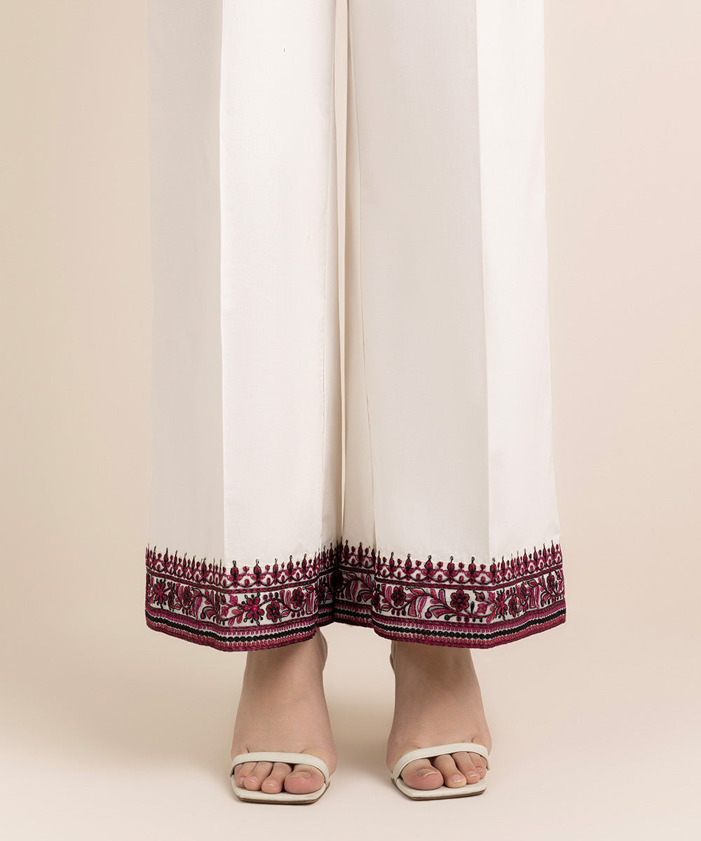 Women's RTW Cambric White Embroidered Flared Pants