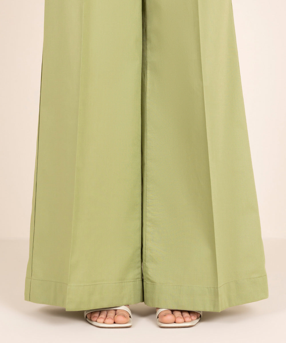 Women's RTW Cambric Green Solid Flared Pants