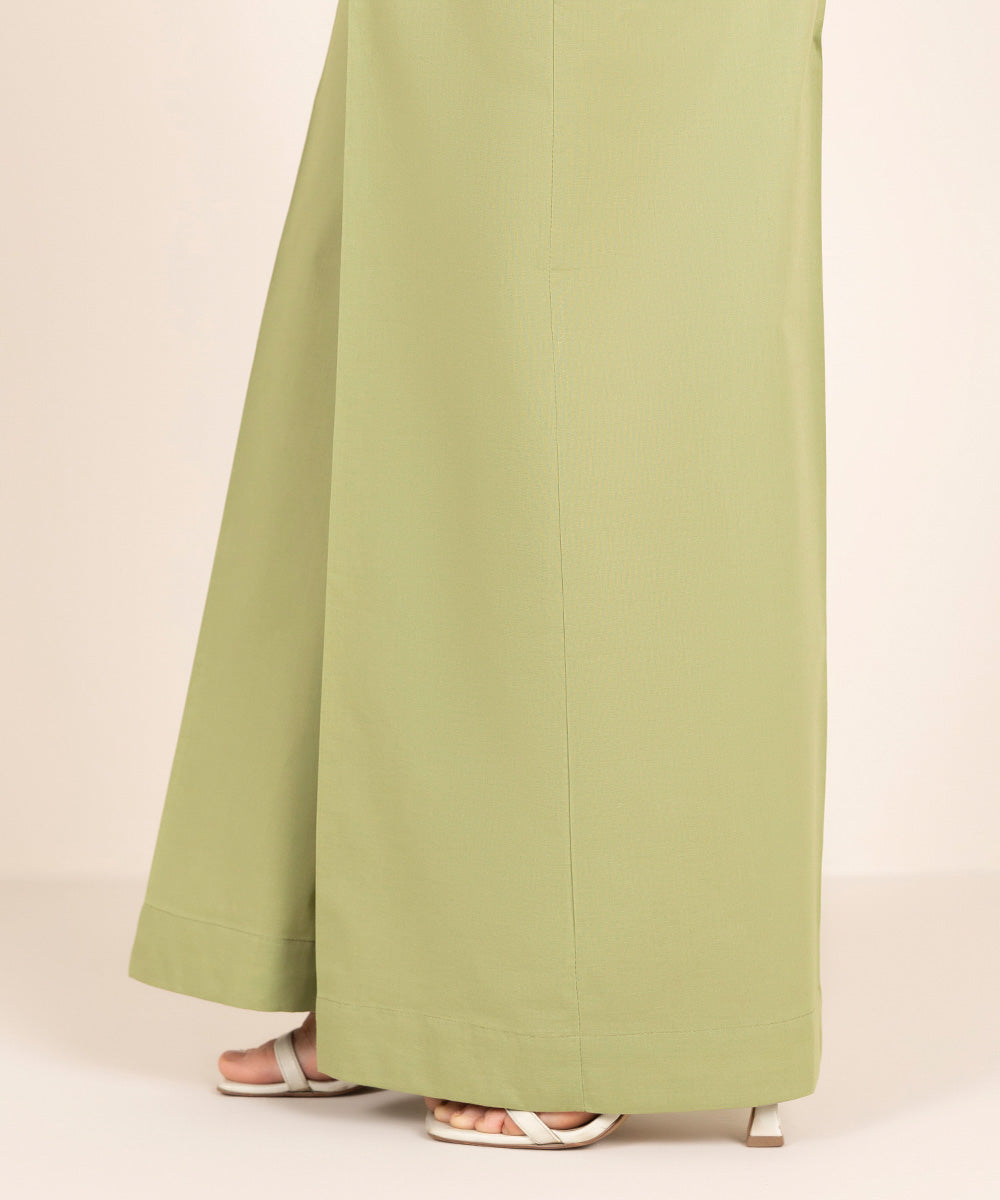 Women's RTW Cambric Green Solid Flared Pants