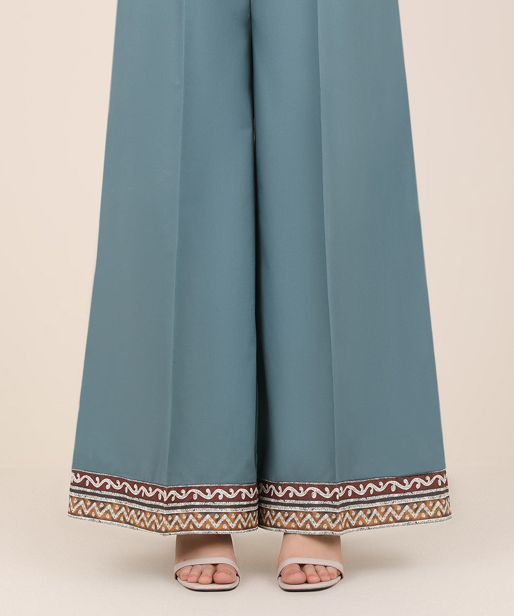 Women's RTW Cambric Blue Solid Flared Pants