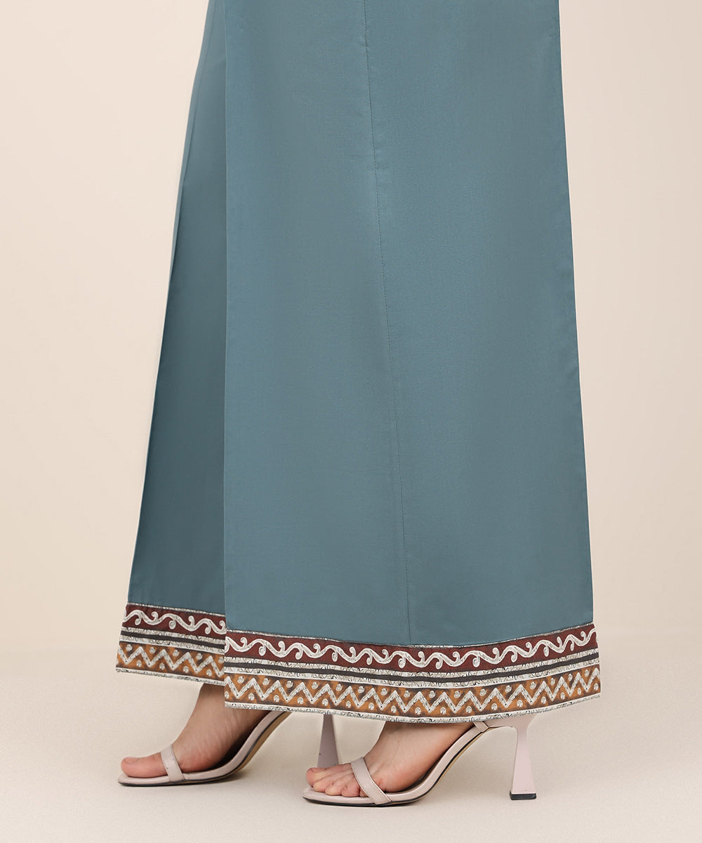 Women's RTW Cambric Blue Solid Flared Pants
