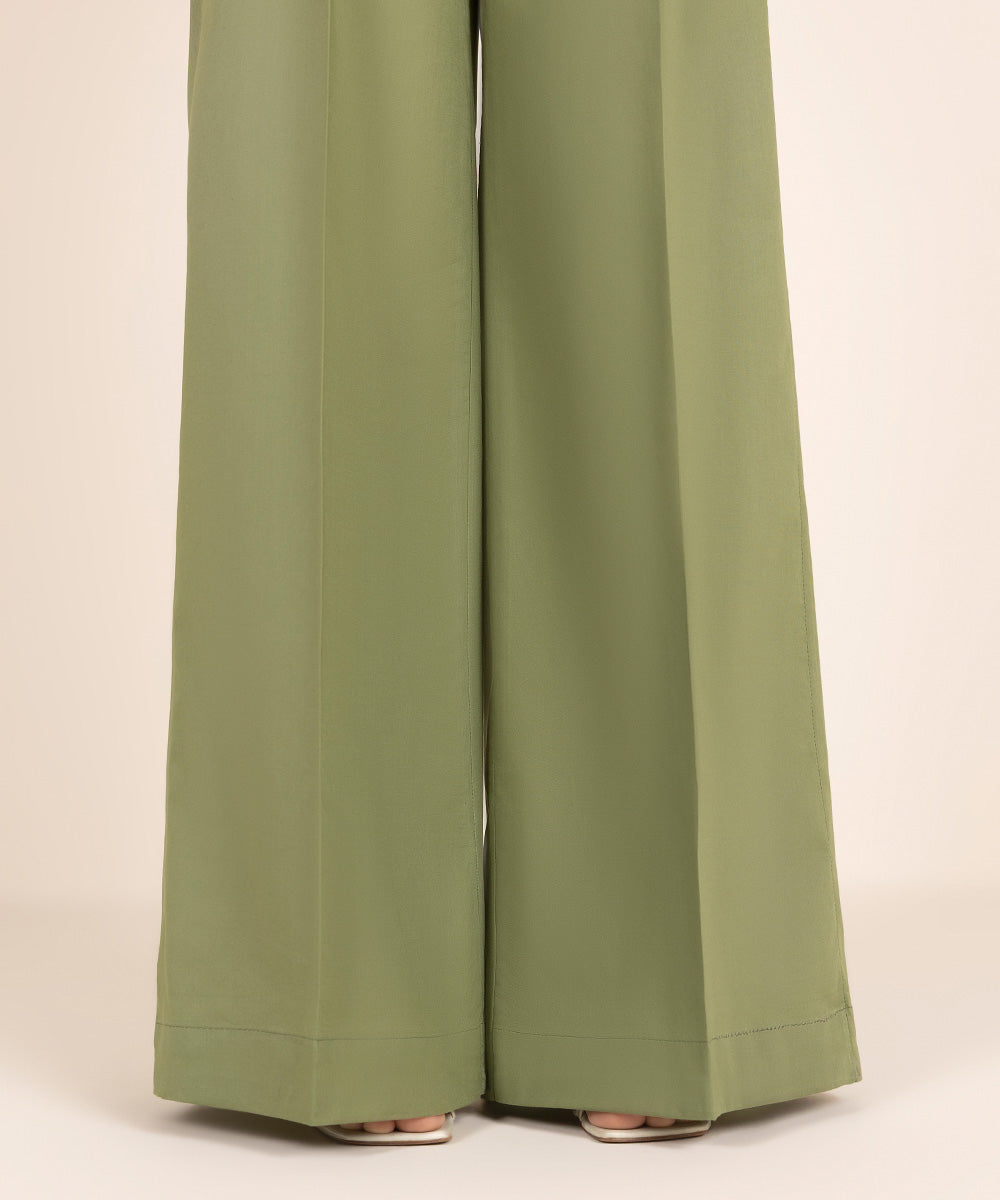 Women's RTW Cambric Green Solid Flared Pants