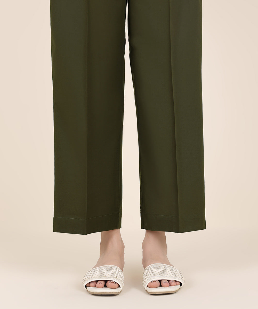 Women's RTW Cambric Green Solid Straight Pants