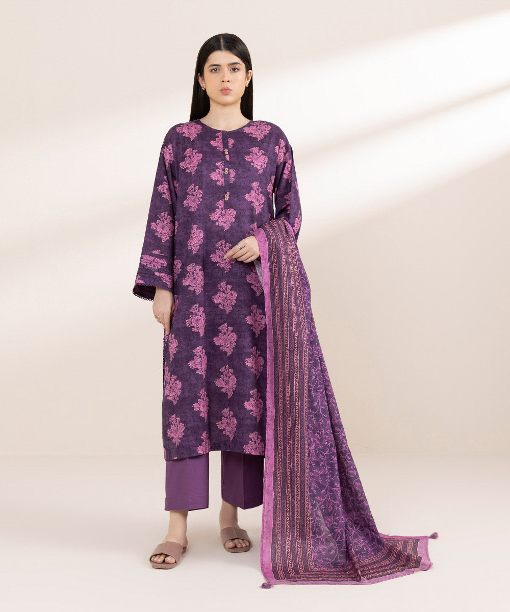 Textured Voile Purple Printed Dupatta