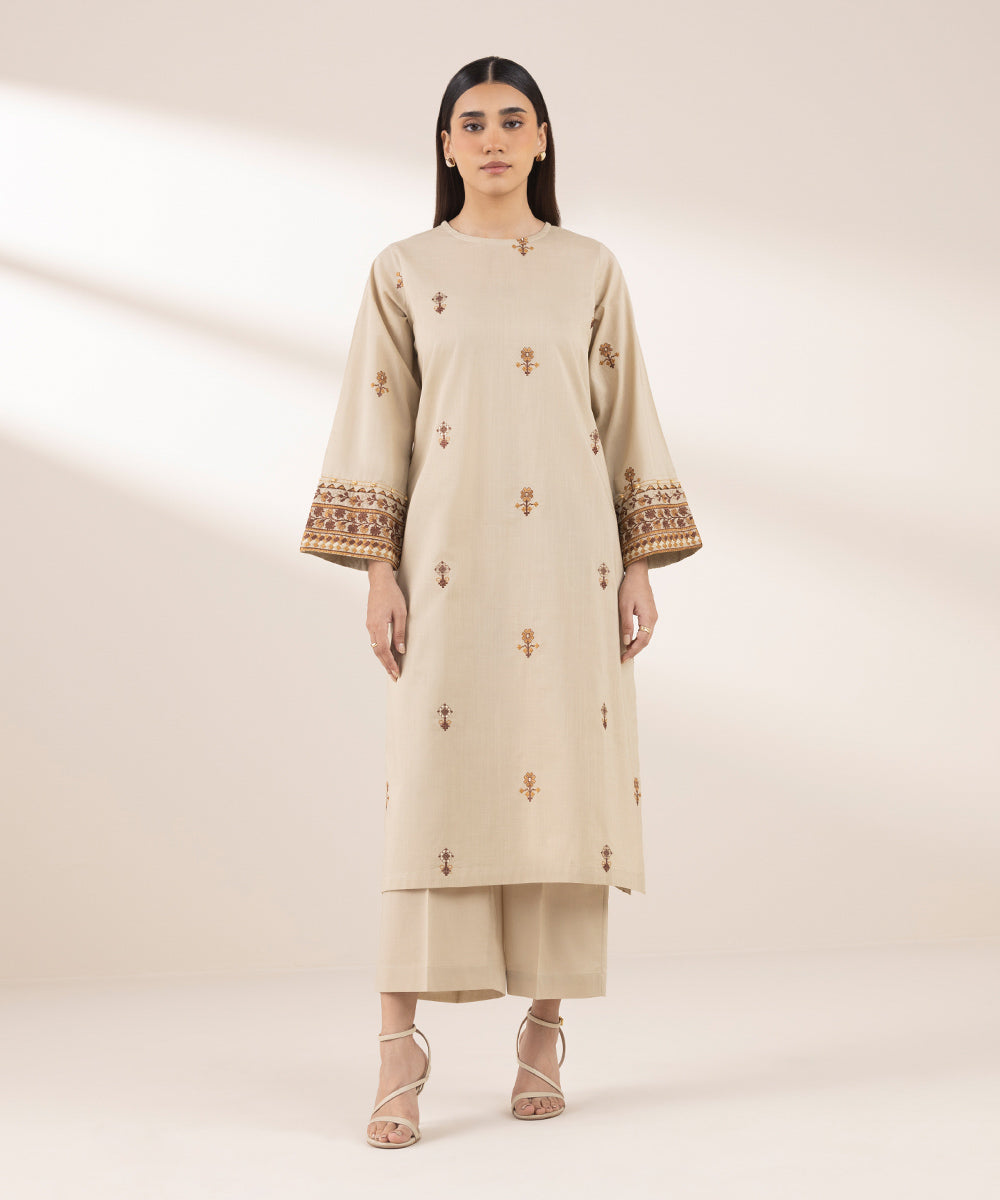 Women's RTW Cross Hatch Beige Embroidered A-Line Shirt