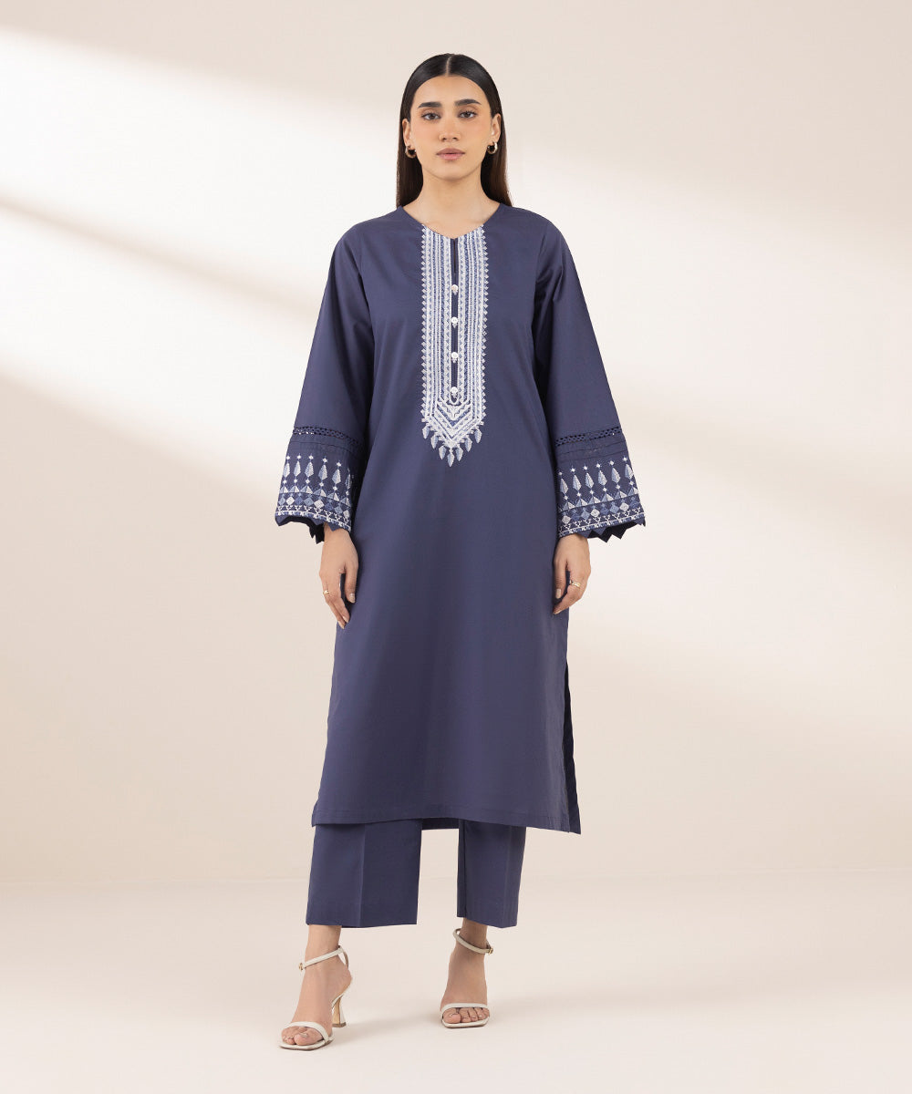 Women's RTW Cross Hatch Blue Embroidered A-Line Shirt