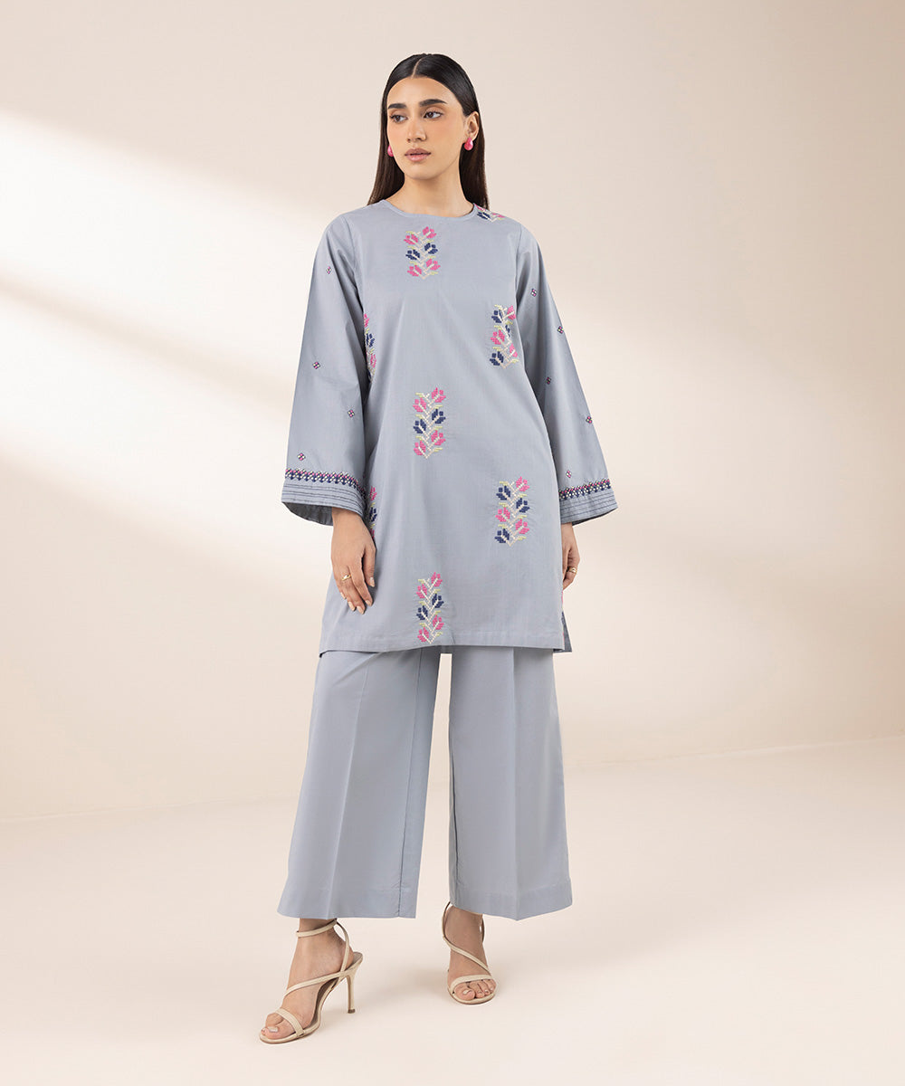Women's RTW Cross Hatch Blue Embroidered A-Line Shirt